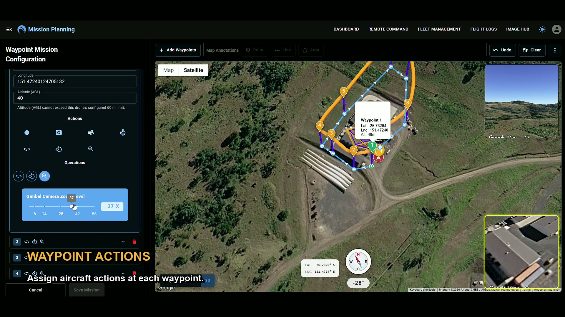 Waypoints and aircraft actions displayed on the SkyStream mission planning map